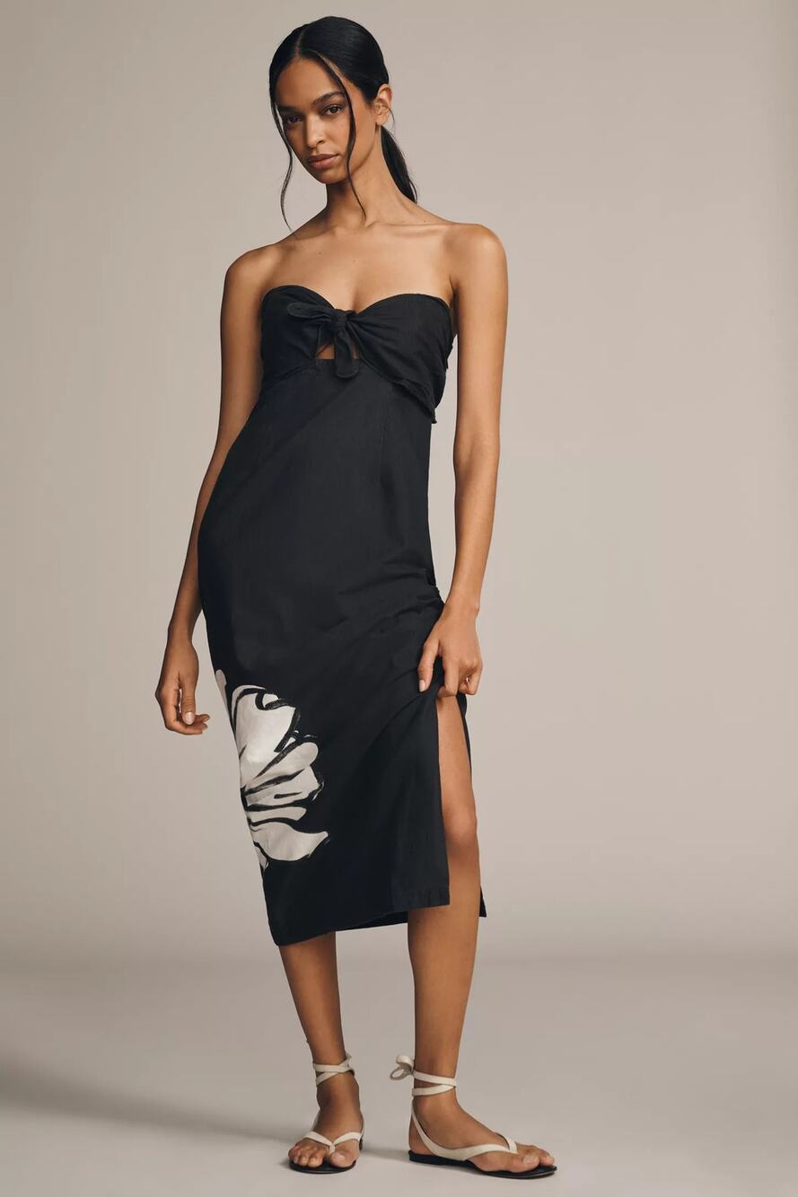 New Anthropologie Maeve Strapless Linen Blend Twist Button-Front Maxi Dress Sz S